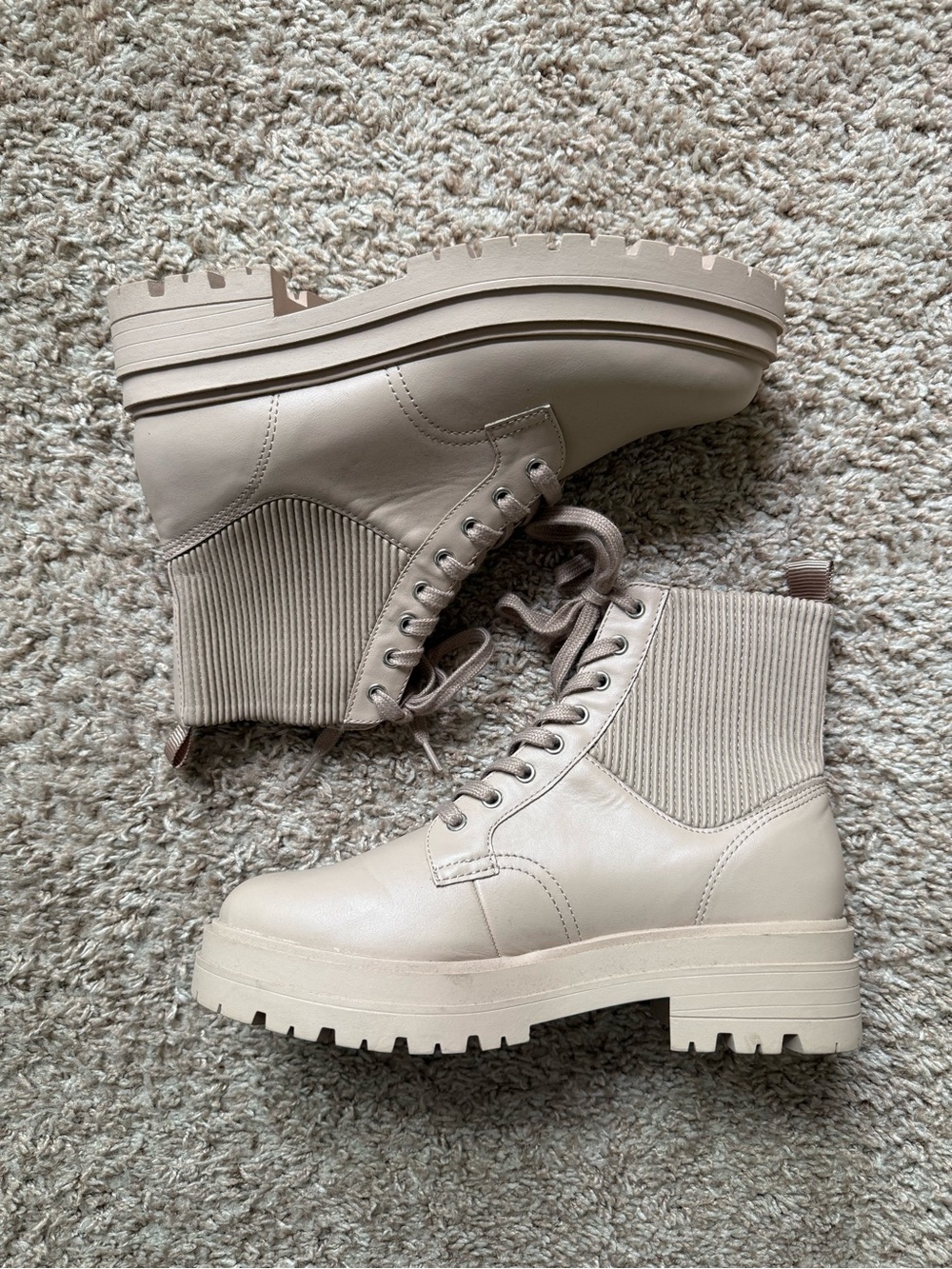 Neutral Cream Beige Lace-Up Combat Boots